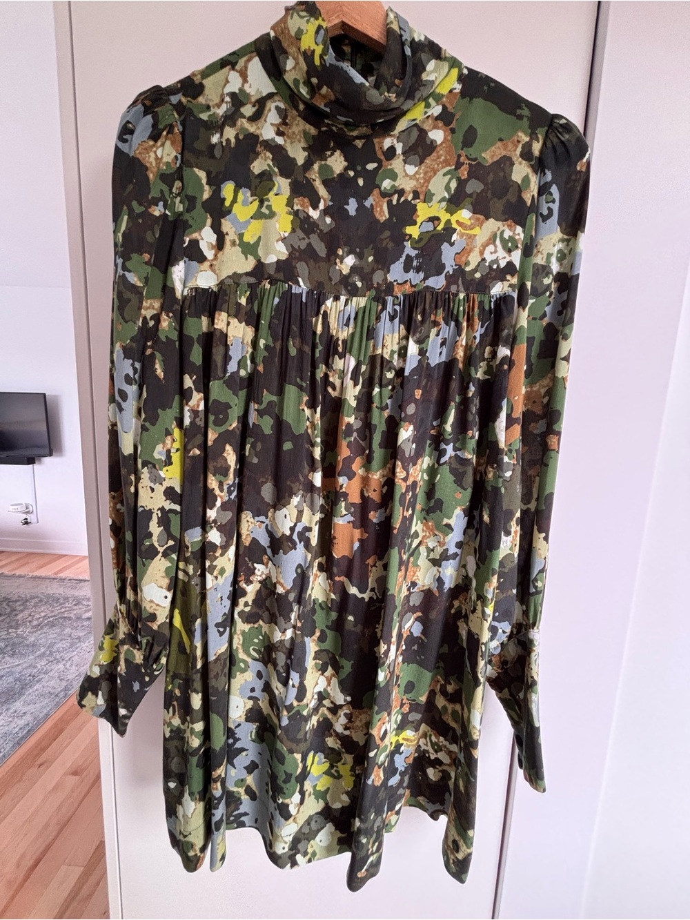 Smythe Turtleneck Long-Sleeve Mini Dress in Green, Brown & Black